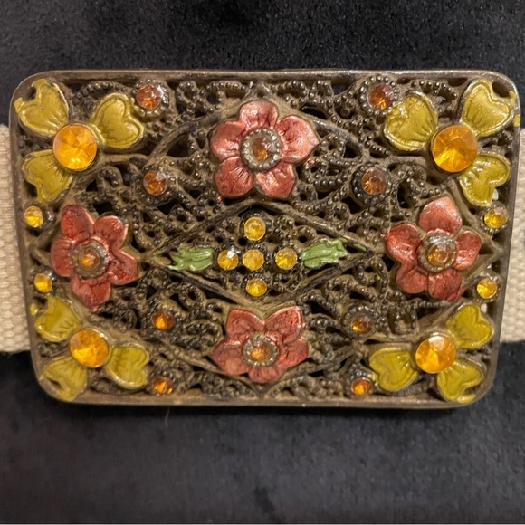 Canvas Beige 1 1/2” Belt Enamel Floral Filigree Buckle Boho Size M/L main image 4